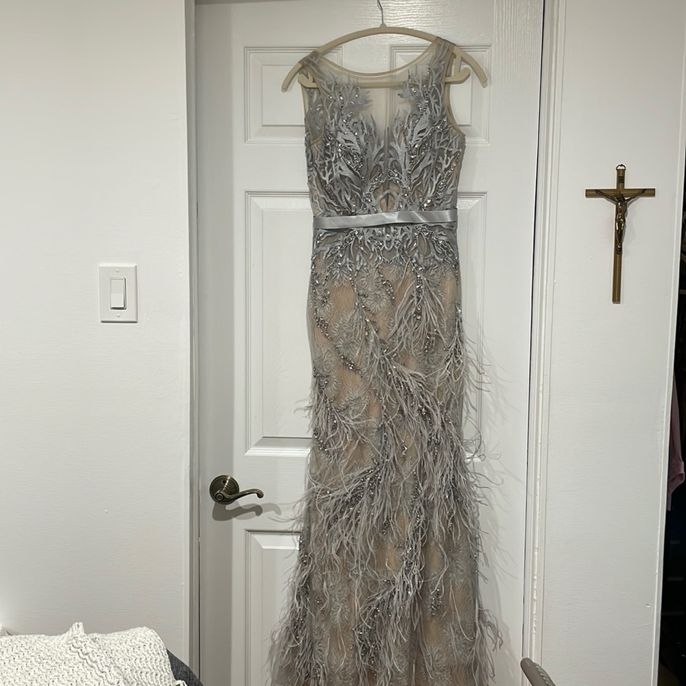 Basik Silver Feather Beaded Gown